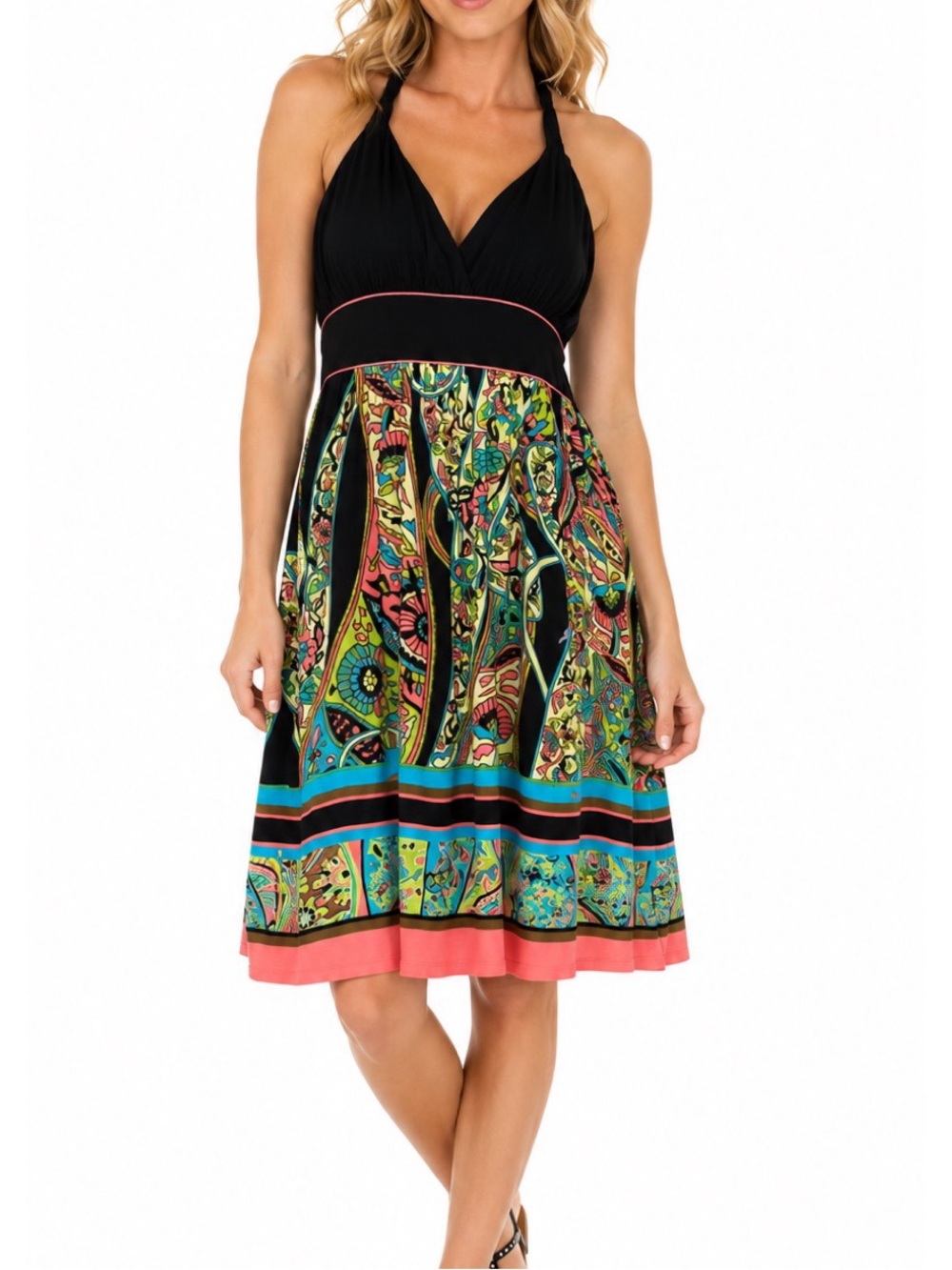SNAP colorful black halter dress features a flattering gathered bodice